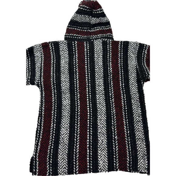 Earth Rags Festival Hoodie Red Black Baja Bohemian Striped Pullover Poncho Med - Picture 2 of 6